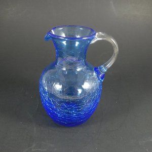 PILGRIM Vintage Crackle Glass 1950's Sapphire Blue  Pitcher W/Applied Handles.